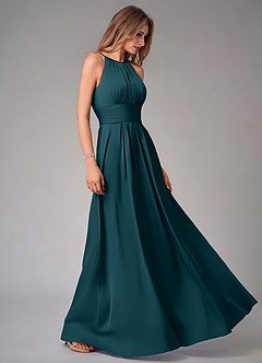 Azazie Bonnie Robes de demoiselle d'honneur Robe Trapèze en Satin extensible Plissée Vert Pin image4