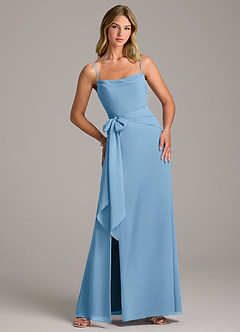 Azazie Tahlia Bridesmaid Dresses Steel Blue A-Line with Belt Chiffon Dress image1