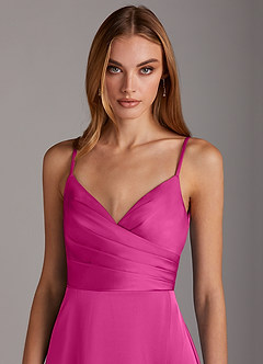 Azazie Calissa Brautjungfernkleider A-Linie V-Hals Gefaltet Stretch-Satin Kleid Fuchsia image5