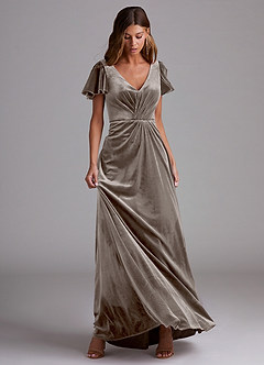 Azazie Soren Bridesmaid Dresses Silver Taupe A-Line Velvet Dress image4