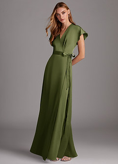 Azazie Nico Robes de demoiselle d'honneur Robe Trapèze en Satin extensible Col en V Olive image4