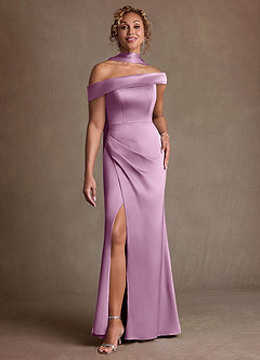 Azazie Kamala 신부의 어머니 드레스 쉬스 한쪽 어깨 스트레치 새틴 플로어 길이 드레스 image1