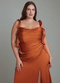 Azazie Jessamine Bridesmaid Dresses Cinnamon Sheath Corset Stretch Satin Dress image10