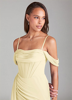 Azazie Amyra Bridesmaid Dresses Lemon Sorbet Sheath Off the Shoulder Chiffon Convertible Dress image6