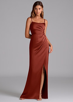 Azazie Calandra Vestidos de damas de honor Vestido de Terracota de Satén Elástico de Corte en A con Plisado image1