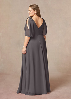 Azazie Bronwyn vestidos de madre de la novia Vestido de Gris Acero de Gasa de Corte En A con Cuello de pico fruncido image9