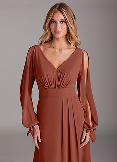 Azazie Matilda Bridesmaid Dresses Auburn A-Line Long Sleeve Chiffon Dress image6