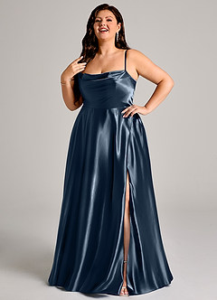 Azazie Elle Bridesmaid Dresses Dark Navy A-Line with Pockets Metallic Satin Dress image9
