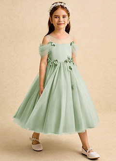 Azazie Juni Flower Girl Dresses Dusty Sage Ball-Gown Pleated Tulle Dress image6