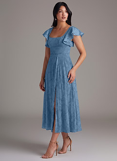 Azazie Bondi Bridesmaid Dresses Steel Blue A-Line Ruched Floral Burnout Dress image3