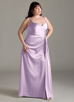 Azazie Brielle Bridesmaid Dresses Frosted Lilac A-Line Cowl Spaghetti Straps Stretch Satin Dress image9