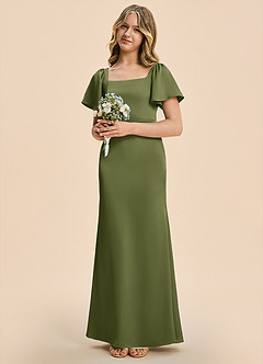 Azazie Chace Junior Olive Sheath Stretch Satin Dress image3