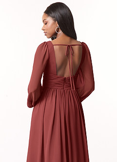 Azazie Norah Vestidos de damas de honor Vestido Terracota de Gasa de Línea A con Manga larga con cuello en V image3