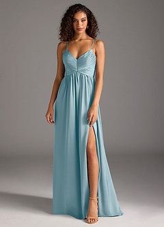 Azazie Alia Bridesmaid Dresses Moody Blue A-Line Pleated Stretch Satin Dress image1