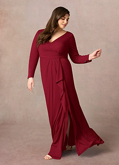 Azazie Risa Mother of the Bride Dresses Burgundy Mermaid V-Neck Pleated Mesh Dress image7