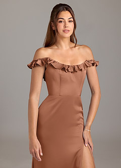 Azazie Callie Bridesmaid Dresses Bronzer A-Line Ruched Stretch Satin Convertible Dress image8