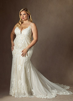 Azazie Camlynn Wedding Dresses Diamond White Champagne Mermaid V-Neck Sequins Tulle Dress image10