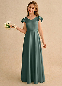 Azazie Nari Girls Formal Final Sale Blushing Pink A-Line with Sleeves Stretch Satin Dress image1
