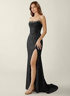 Esme Negru Rochie de bal tip sirenă din satin elastic, cu corset, din două piese image4