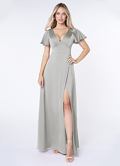 Azazie Lani Bridesmaid Dresses Silver A-Line Flounce Sleeve Stretch Satin Dress image1