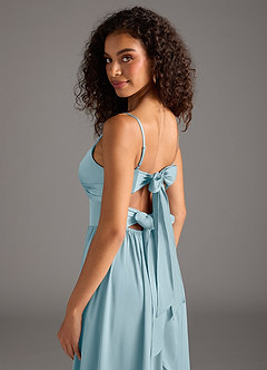 Azazie Zeya Robes de demoiselle d'honneur Robe Trapèze en Satin extensible Plissée Bleu Maussade image5