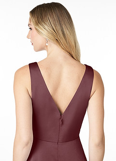 Azazie Nelly Bridesmaid Dresses Sangria A-Line V-Neck Pleated Stretch Satin Dress image5