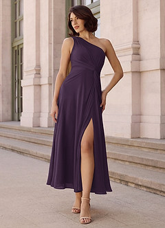 Azazie Brooke Bridesmaid Dresses Plum A-Line One Shoulder Chiffon Dress image2
