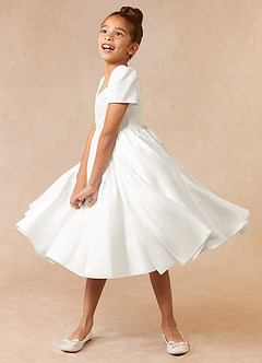 Azazie Anirra Flower Girl Dresses Ivory Ball-Gown Pleated Matte Satin Dress image2