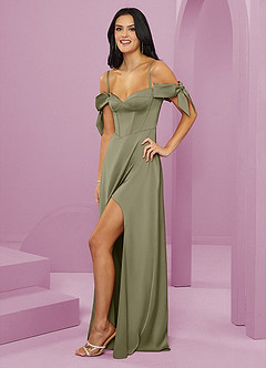 Barbie ♥ Azazie Bridesmaid Dresses Pistachio A-Line Off the Shoulder Stretch Satin Dress image3