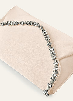 front Matching Color Crystal Trim Satin Evening Clutch Bag with Chain Strap