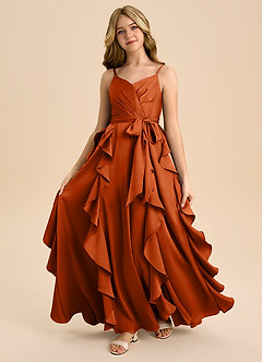 Azazie Peyton Junior A-Linie Plissee Stretch-Satin Kleid Gebranntes Orange image5