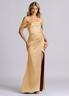 Azazie Auden Robes de demoiselle d'honneur Robe Fourreau Convertible en Satin extensible Épaule décolletée Or image7