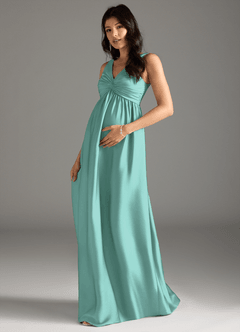 Azazie Yetta Maternity Bridesmaid Dresses A-Line Pleated Stretch Satin Floor-Length Dress image1