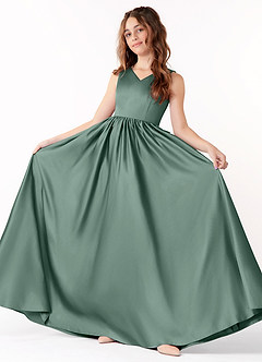 Azazie Hathaway Junior Eucalyptus A-Line Bow Stretch Satin Dress image2