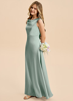Azazie Kiki Junior Agave A-Line Bow Stretch Satin Dress image3