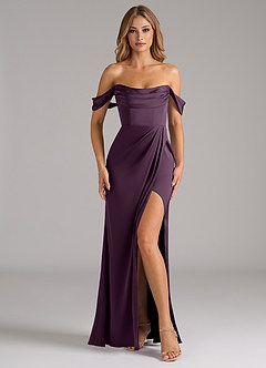 Azazie Johana Bridesmaid Dresses Plum Mermaid Off the Shoulder Stretch Satin Convertible Dress image3