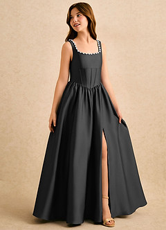 Azazie Enid Girls Formal Blomsterpigekjoler A-Line Perlebesat Stræk satin Gulv-længde Kjole image3