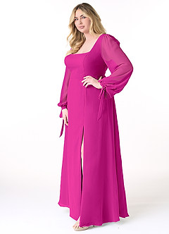 Azazie Leonia Jurken voor bruidsmeisjes Jurk van Chiffon met A-Lijn Lange mouw Fuchsia image10