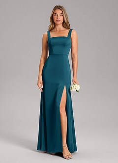 Azazie Frostine Bridesmaid Dresses Ink Blue A-Line Bow Stretch Satin Dress image3
