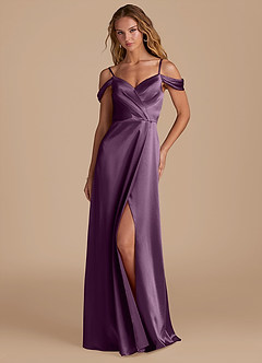 Azazie Ocean Bridesmaid Dresses Plum A-Line Off the Shoulder Metallic Satin Dress image3