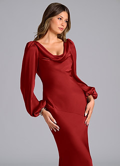 Azazie Rylina Brudtärnklänningar Klänning av Sjöjungfru i Stretch Satin Långärmad Granatäpple image6