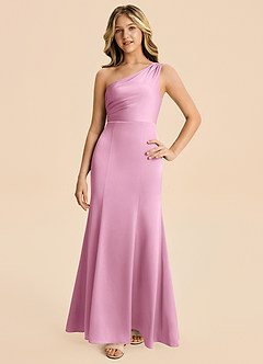 Azazie Ren Junior Candy Pink A-Line Pleated Stretch Satin Dress image4