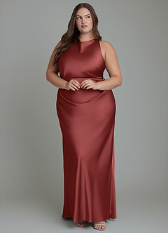 Azazie Evadne Bridesmaid Dresses Terracotta Sheath Pleated Stretch Satin Dress image10