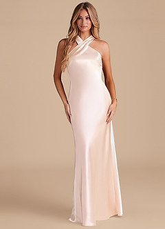 Azazie Doretta Bridesmaid Dresses Rose Gold Mermaid Bow Metallic Satin Dress image1