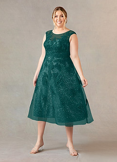 Azazie Flynn Mère de la mariée Robes Robe Trapèze en Tulle Col bateau dentelle Paon image6