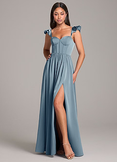 Azazie Denisse At-home Try On Dresses Dusty Blue A-Line Ruched Stretch Satin Dress image5
