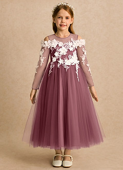 Azazie Lilah Robe Demoiselle D'honneur Fillette Robe Trapèze en Tulle Dentelle Rose Du Désert image4