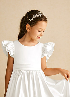 Azazie Piglette Flower Girl Dresses Ivory A-Line Bow Matte Satin Dress image3