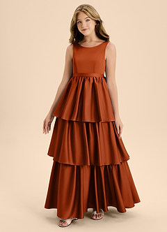 Azazie Meadowyn Junior Vestido de Naranja Quemada de Satén Elástico de Corte En A con Lazo image4