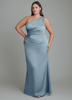 Azazie Akilah Vestidos de damas de honor Vestido Azul Polvoriento de Satén Elástico de Corte Sirena con Un hombro image8